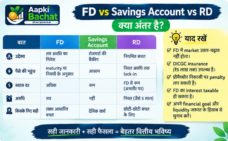 FD क्या है? Fixed Deposit कैसे काम करती है, फायदे और नुकसान 3 FD, बचत खाते और RD में क्या अंतर है?